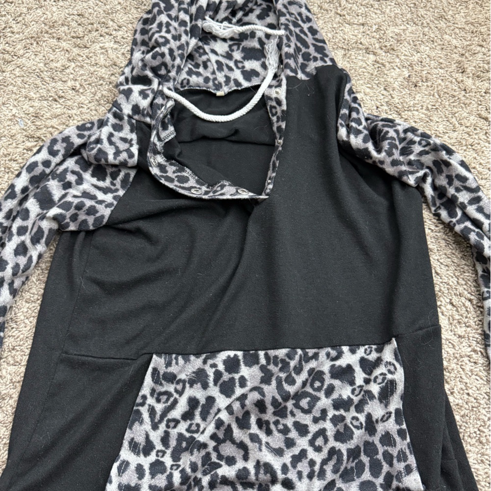 Black Hoodie with Leopard Print Accents
